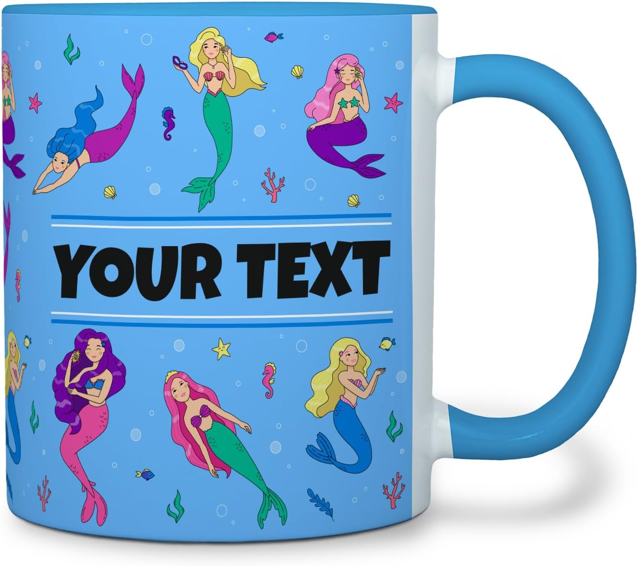Personalized Mug for Kids - Mermaids - Custom Name/Text, Ceramic Hot Chocolate/Cocoa/Coffee Cup for Girls, Birthday/Christmas/Holiday Gift - 11 oz, Light Blue Handle