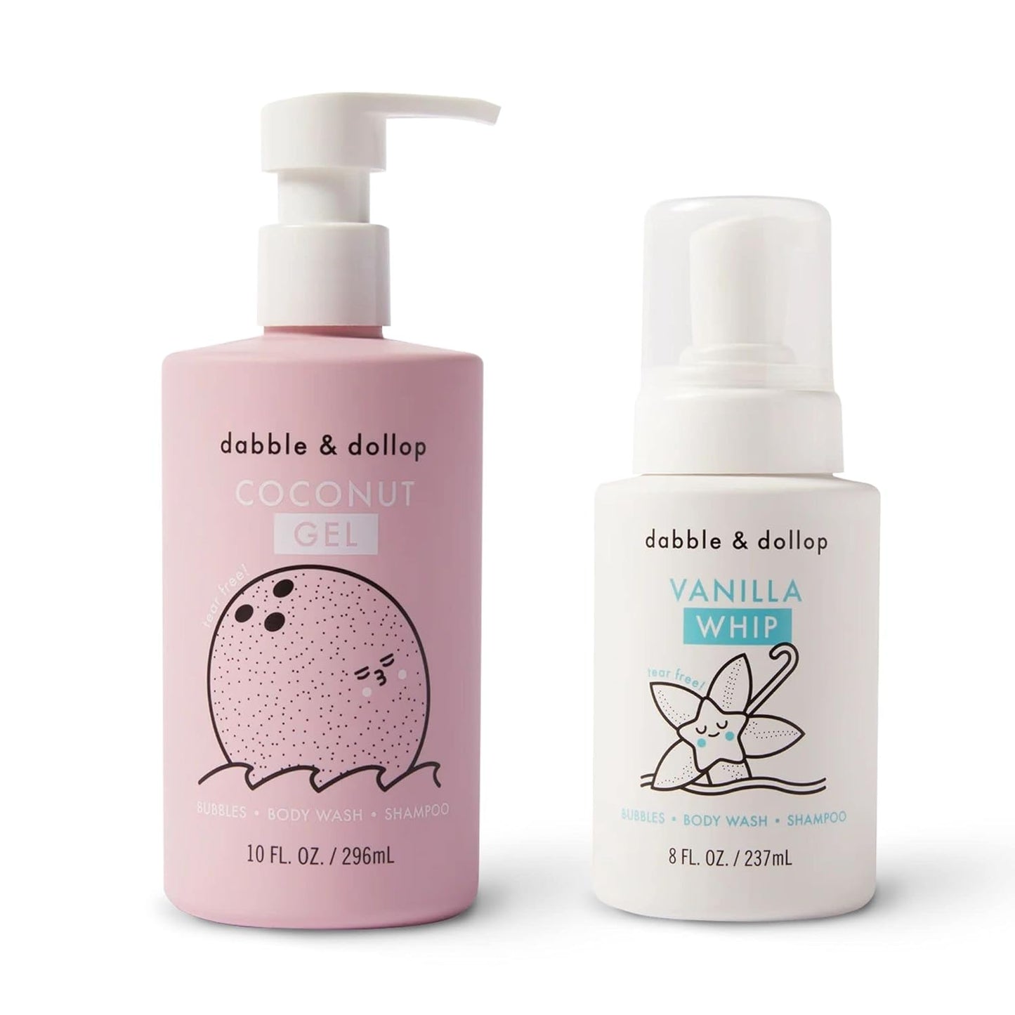 Dabble & Dollop Coconut + Vanilla Body Wash & Shampoo – 3-in-1 Natural Bubble Bath for Kids, Made in USA, No Parabens or Sulfates, Vegan, Gluten-Free, Tear-Free (2-Pack)