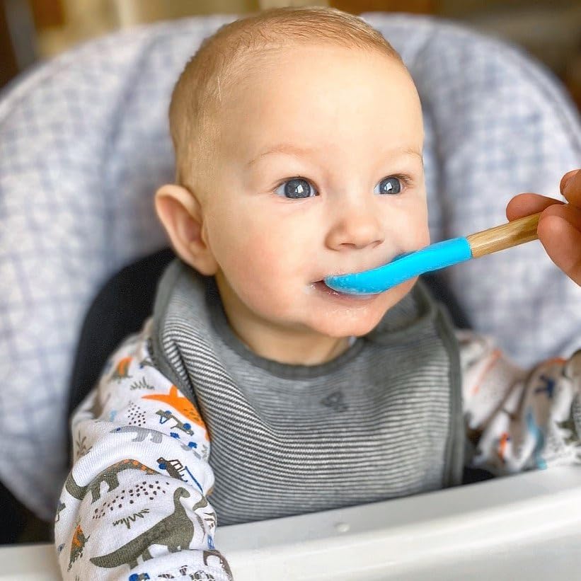 Avanchy Bamboo & Silicone Infant Training Spoons, BPA Free - Soft Tip, Easy on Gums, First Stage Feeding Utensils for Baby-Led Weaning, Self-Feeding, Assorted w/Blue