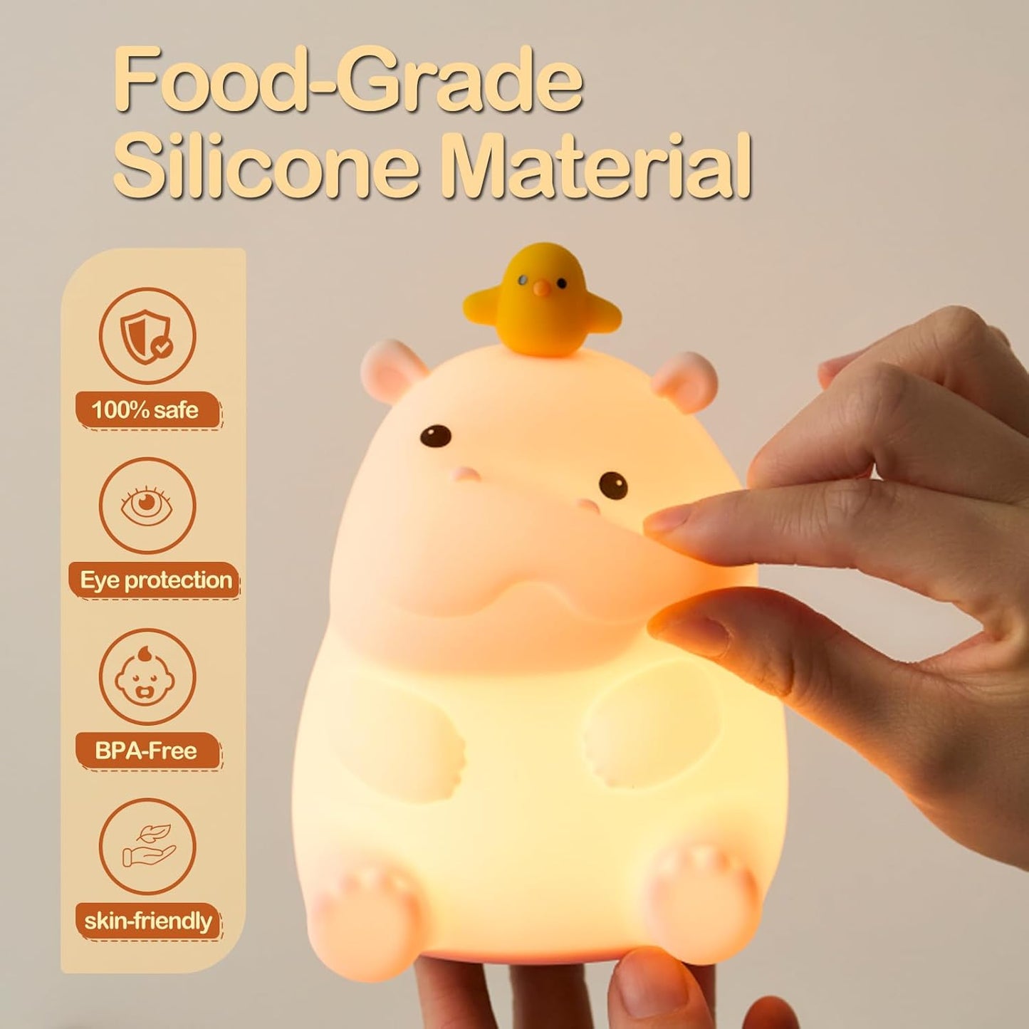 ATSUI Hippo Night Light, LED Squishy Novelty Animal Lamp, Food Grade Silicone, 2 Level Dimmable, Nursery Nightlight for Desk Decor, Funny Gifts Stuff for Boys Girls Baby, White Elephant Gifts