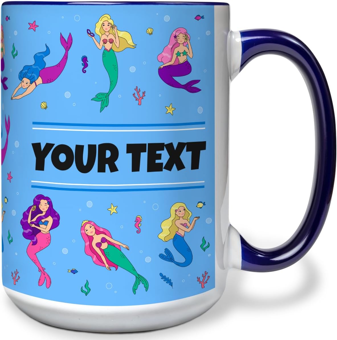 Personalized Mug for Kids - Mermaids - Custom Name/Text, Ceramic Hot Chocolate/Cocoa/Coffee Cup for Girls, Birthday/Christmas/Holiday Gift - 15 oz, Navy Blue Handle