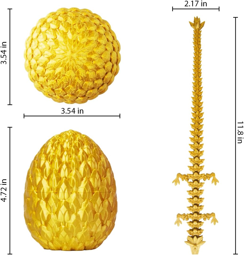 3D Printed Dragon in Egg, Beautiful Flexible Crystal Dragon, Gifts for Adults and Kids (Gold)