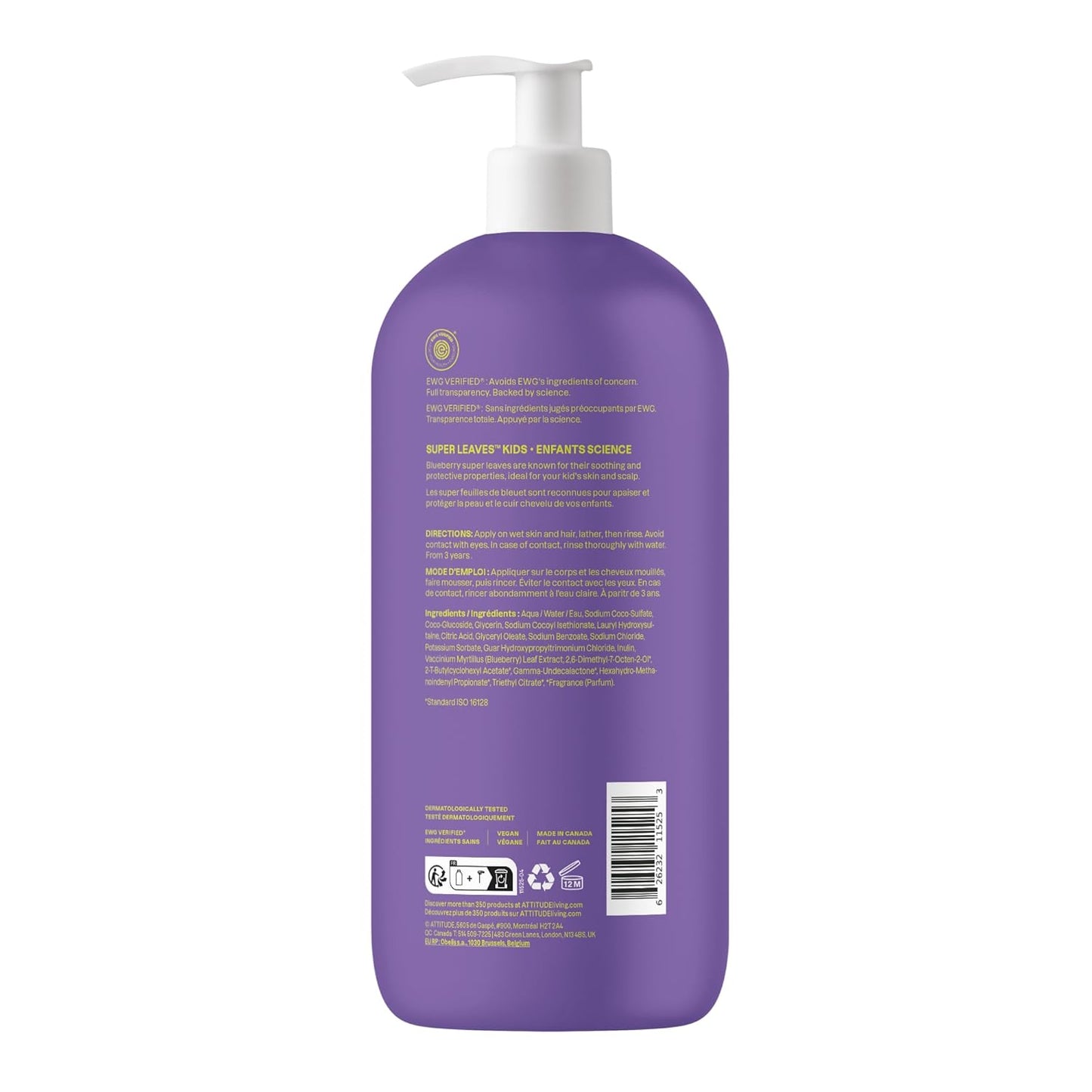 ATTITUDE Shampoo and Body Wash for Kids, EWG Verified Hair and Body Cleanser, Dermatologically Tested Soap, Plant and Mineral Based Bath Products, Vegan, Vanilla and Pear, 32 Fl Oz