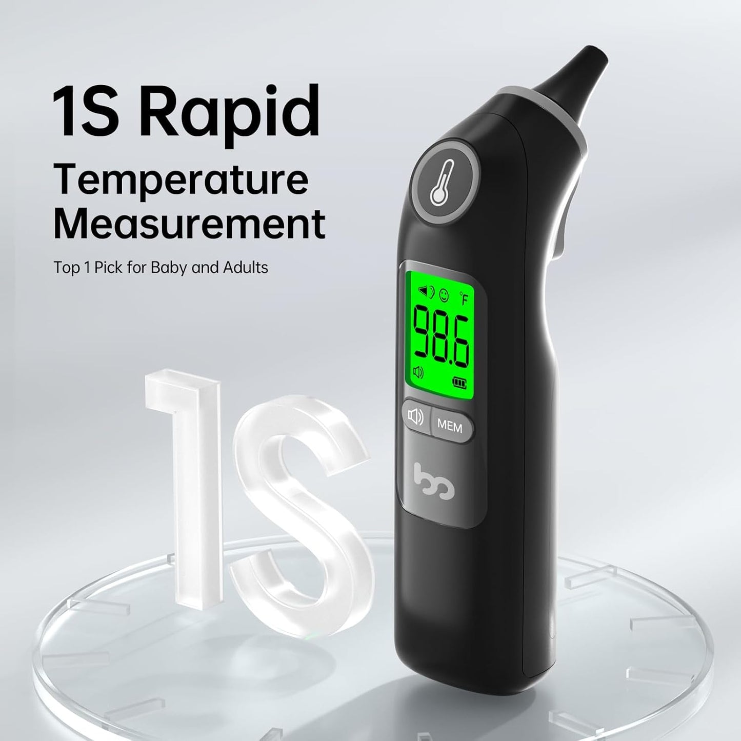 Ear Thermometer, Highly Accurate Ear Thermometer for Kids, Adults and Babies, 30 Memory Recall, 1s Result and 3-Color Fever Alert, with 24 Disposable Probe Covers, Black