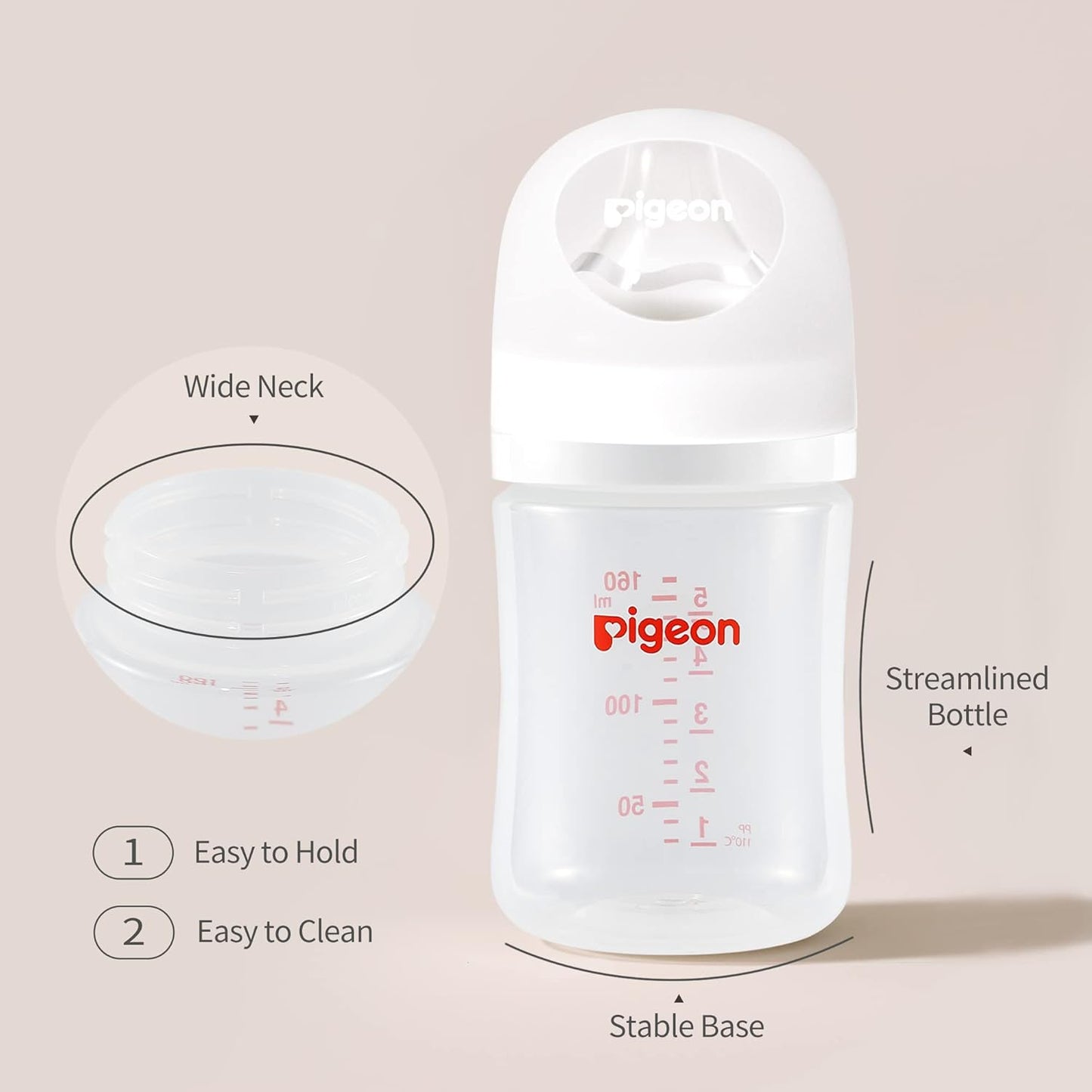 Pigeon PP Nursing Bottle Wide Neck, Anti-Colic, Streamlined Body, Natural Feel, Easy to Clean, 5.4 Oz (Pack of 4), Includes 4pcs SS Nipples (0m+)