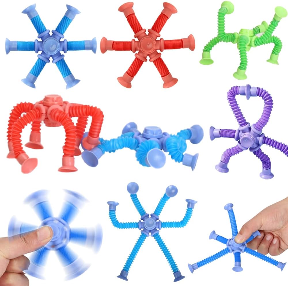 6 Pack Fidget Spinners Pop Tubes Fidget Toys, Shape Changing Telescopic Suction Cup Toy, Creative Learning Gifts Stress Relief and Anti Anxiety Party Favors Boy Girl Random Color