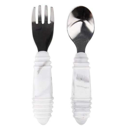 Bumkins Toddler Utensils, Kids Size Fork and Spoon Set, Silicone and Stainless-Steel Training Silverware, Angled Forks / Sporks for Self-Feeding, Children Hold Learning to Eat, 18 Months Up, Marble