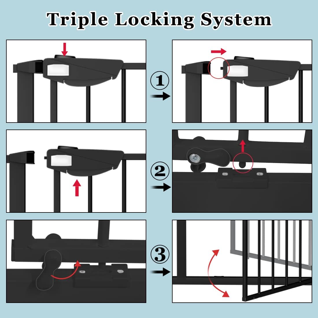 WAOWAO Triple Lock 68.11-75.98" Baby Gate Extra Wide Pressure Mounted Walk Through Swing Auto Close Safety Black Metal Dog Pet Puppy for Stairs,Doorways,Kitchen