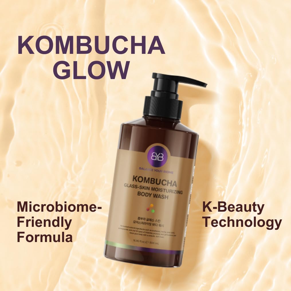 BALANCE YOUR BIOME Kombucha Glass-Skin Moisturizing Body Wash, K-Beauty,Fermented soybean, barley, Pear Juice, Pomegranates,12 Vitamins, Nurishing, Cleansing, 16.9 fl.oz.500ml, No Silicone