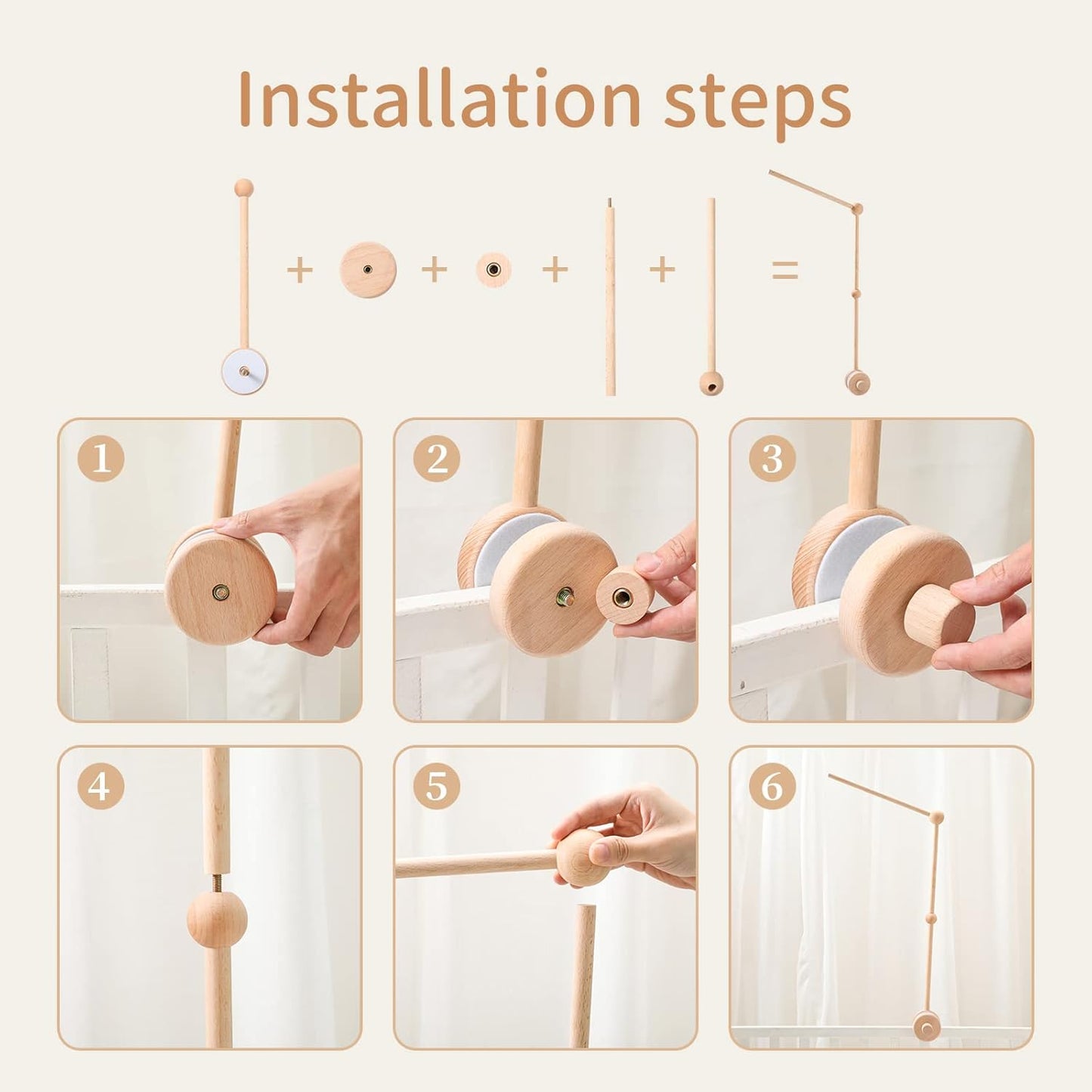 Baby Crib Mobile Arm Wooden Holder 30 inch Beech Hangers with Rotating Music Box Nursery Decor Attachment Safe Anti Slip Set