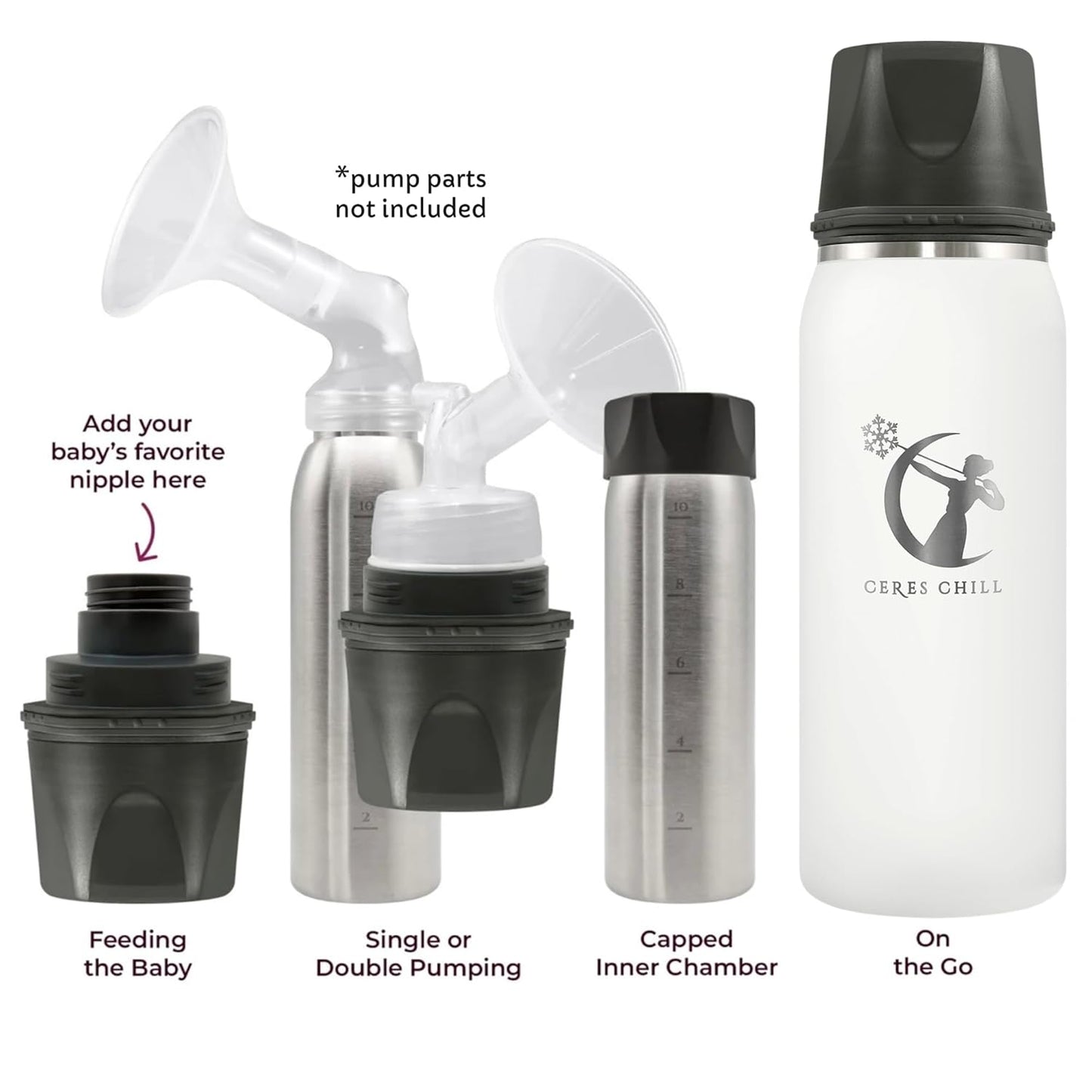 CERES CHILL OG Breastmilk Chiller, Reusable Storage Container, Up to 34 oz. - Bottle Cooler Keeps Milk at Safe Temperatures for Up to 20 Hours, Connects w/Most Pumps (White)