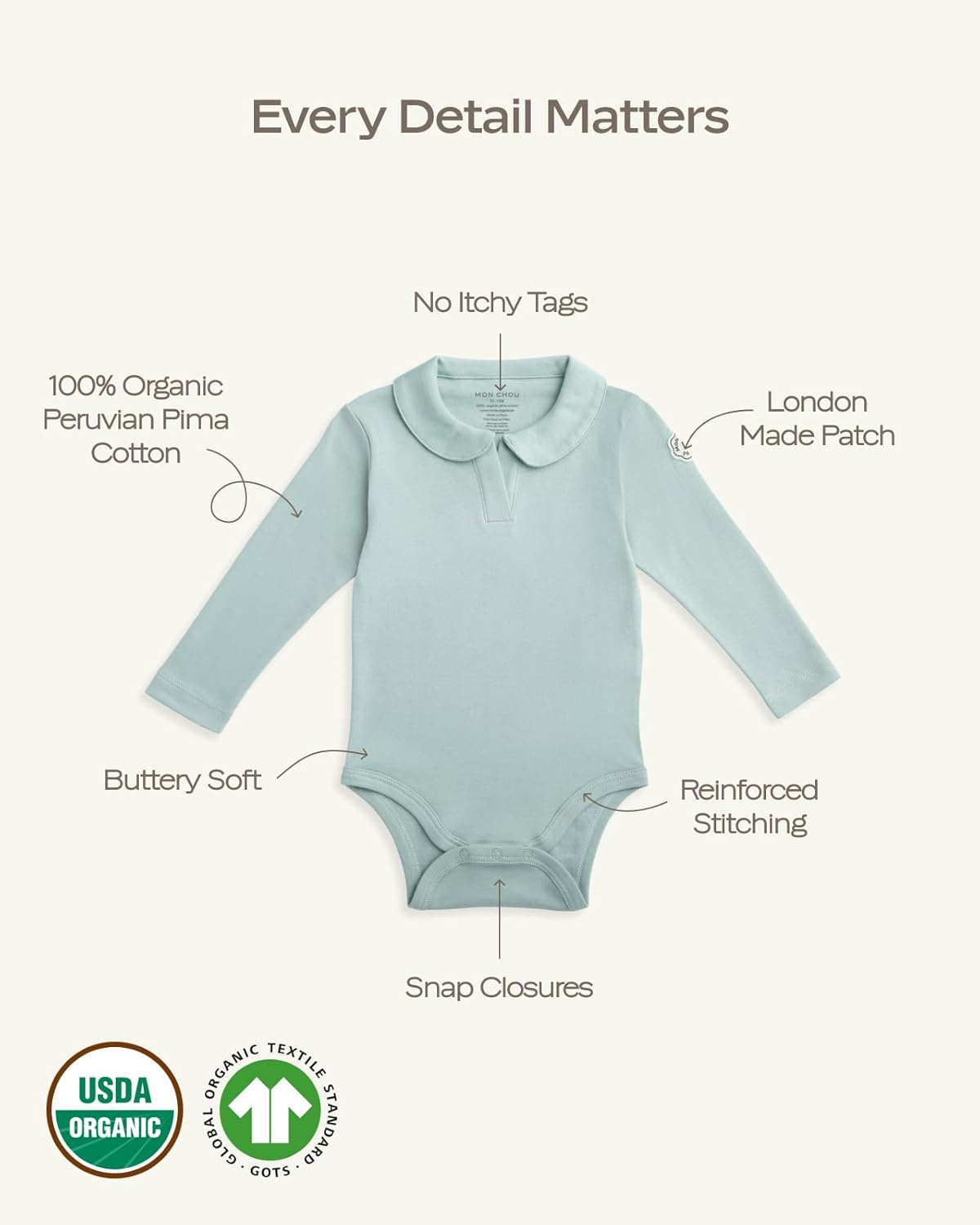 MON CHOU Premium Long Sleeve Bodysuit - Luxuriously Soft, 100% Pima Cotton Baby Bodysuit with Collar - Organic Cotton Baby Clothes (Bloom, 3-6 Months)
