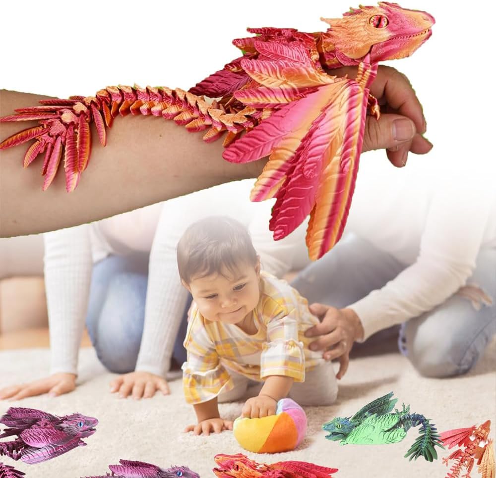 Feathered Wyvern Dragon, 3D Printed Dragon with Articulating Wings Animals Toys, 3D Printed Wyvern Dragon Fidget Toys Desktop Pet Desk Birthday Party Gift for Kids and Adults (Red)