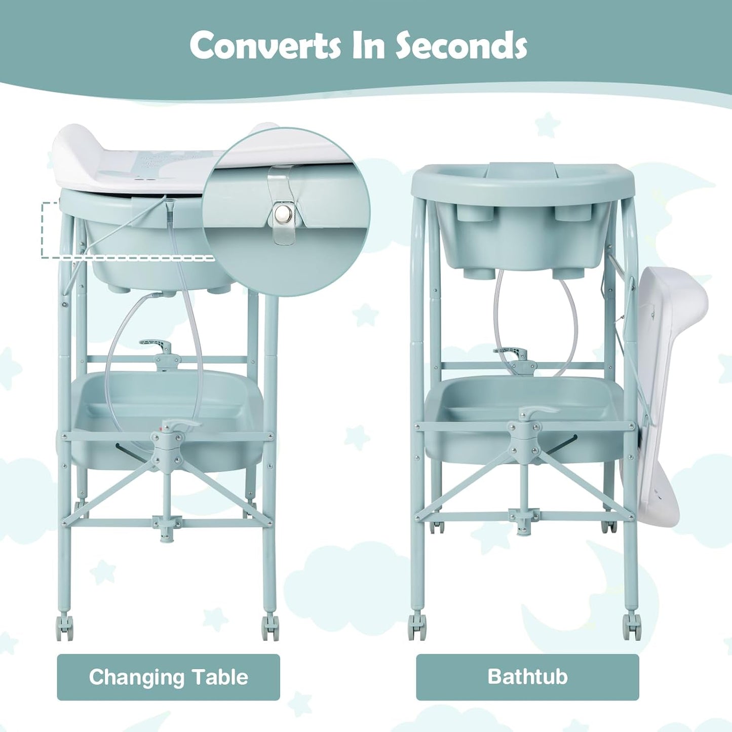 HONEY JOY Baby Changing Table with Bathtub, Foldable Infant Diaper Changing Station with Wheels, Storage Tray, Waterproof Pad, Portable Newborn Nursery Organizer Bath Stand for Boys Girls (Blue)