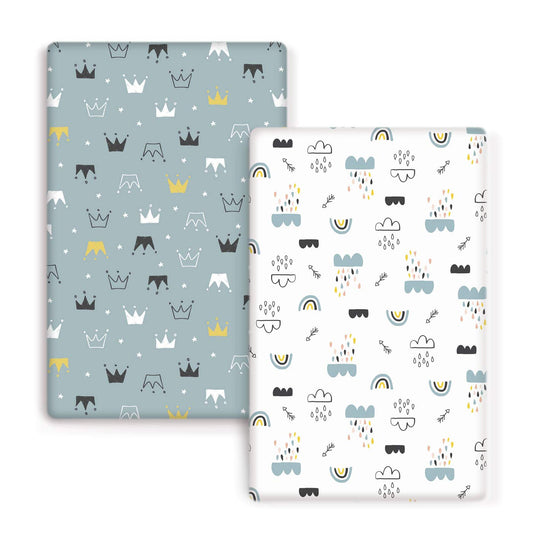 GRSSDER Stretchy Ultra Soft Jersey Knit Fitted Pack n Play Playard Sheets Set 2 Pack，Portable/Mini Crib Sheets, Crown and Cloud for Girls and Boys