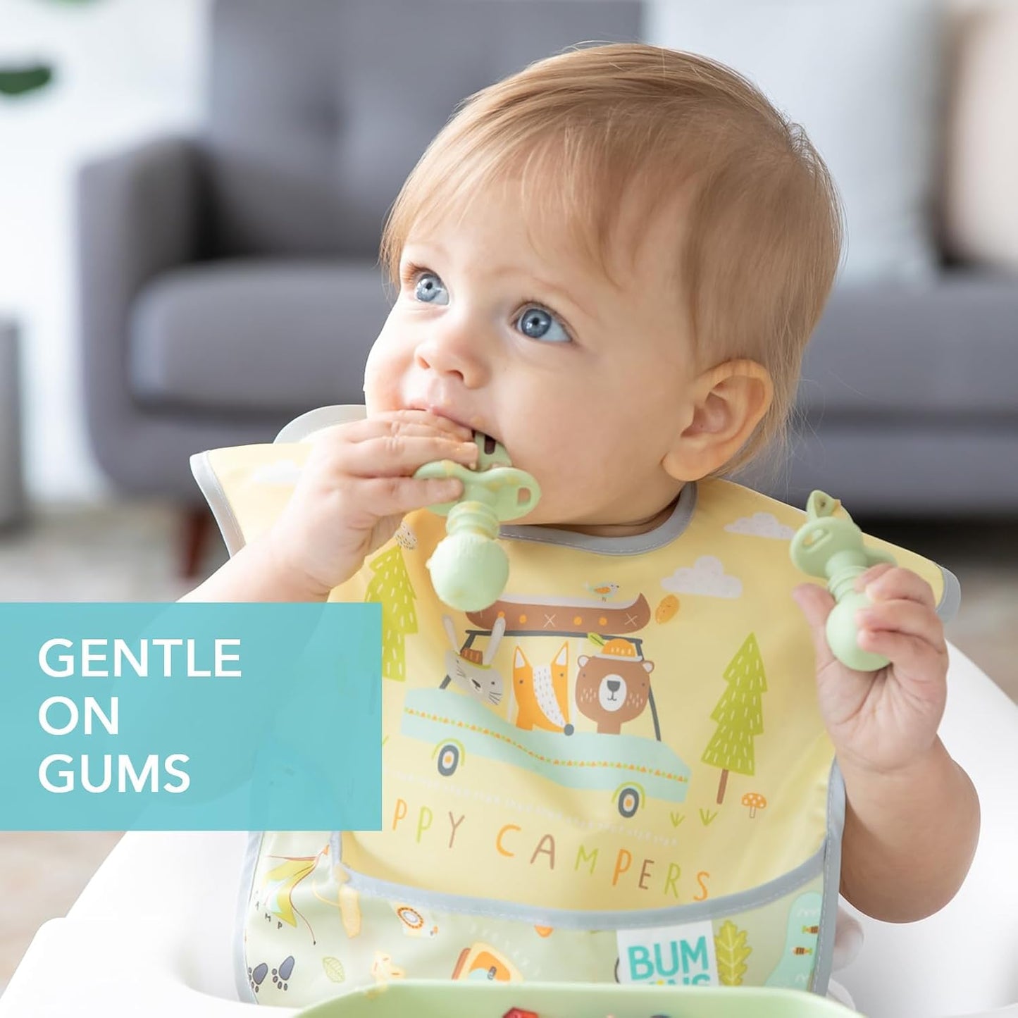 Bumkins Baby Utensils Set, Chewtensils Silicone Spoons for Dipping, Self-Feeding, Baby Led Weaning, Trainer Learning, First Stage Eating, Soft Practice Fork and Spoon, Babies 6 Months, Sage Green