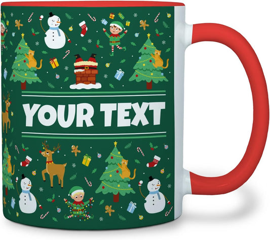 Personalized Mug for Kids - Christmas - Custom Name/Text, Ceramic Hot Chocolate/Cocoa/Coffee Cup for Boys/Girls, Holiday/Birthday Gift - 11 oz, Red Handle