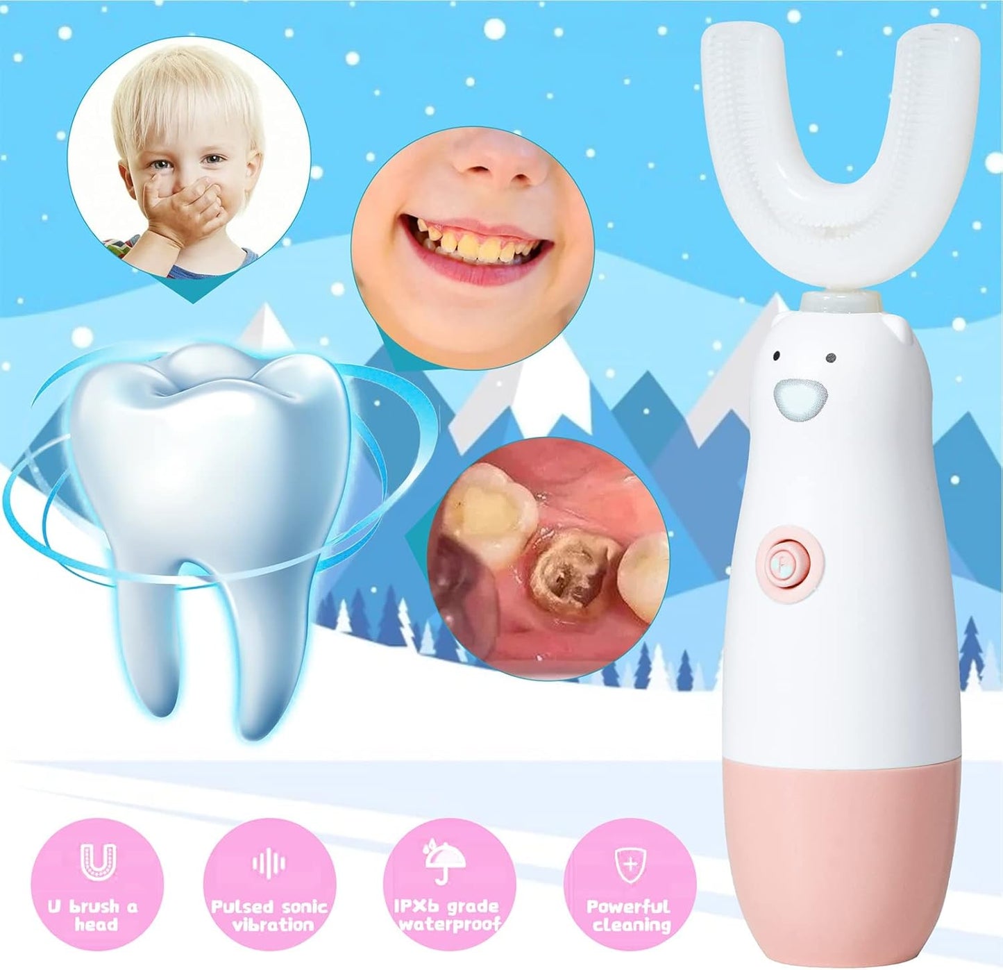 Kids Electric Toothbrush，U Shaped Toothbrush Waterproof Battery Powered 360 Automatic Sonic Toddler Toothbrushes for 8-13 Years Old for Boys Girls,with 2 Replacement Brush Heads（Pink）