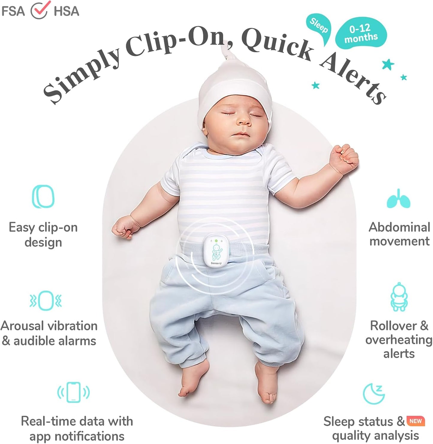 Sense-U Smart Baby Monitor Pro with Arousal Vibration, Audible and App Alerts: Tracks Abdominal Movement, Rollover, Feeling Temperature, Portable & Wearable Smart Sleep Monitor, Green