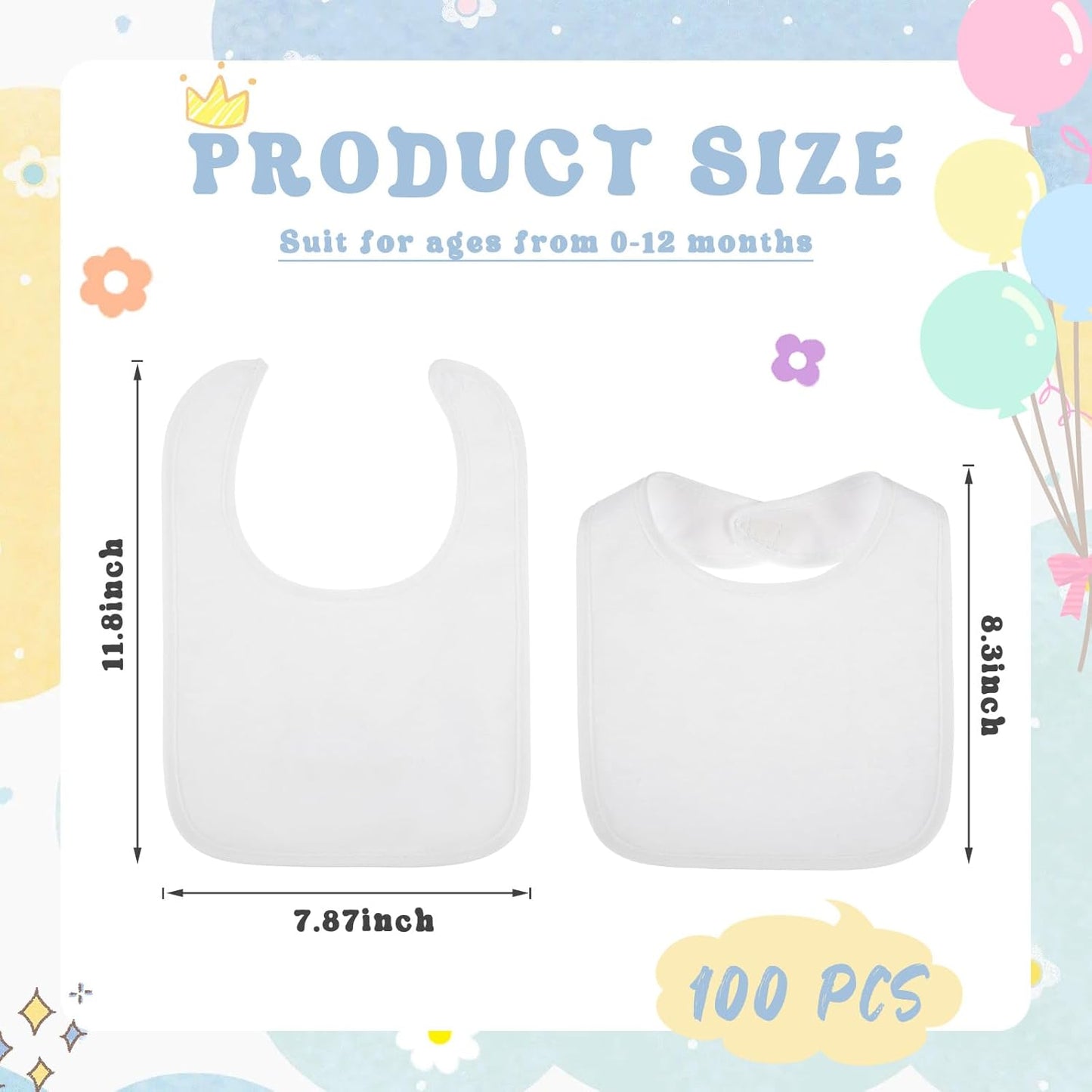Toulite 100 Pcs White Bibs for Baby Washable Reusable Waterproof Cotton Feeder Bibs with Double Sided Design