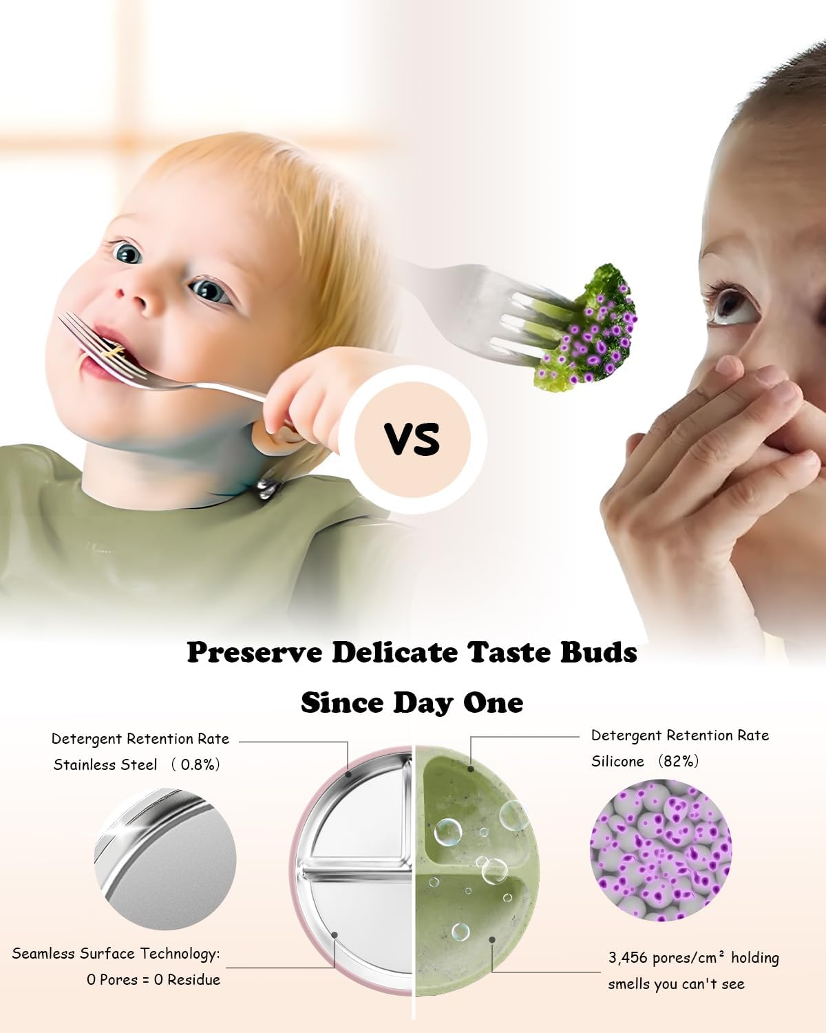Stainless Steel Toddler Suction Plate with Lid, Deepened 9" Divided Plates with Removable Silicone Sleeves for Kids, Non Toxic Unbreakable Snack Dishes Set of 4, Sage Blue Gray Blush