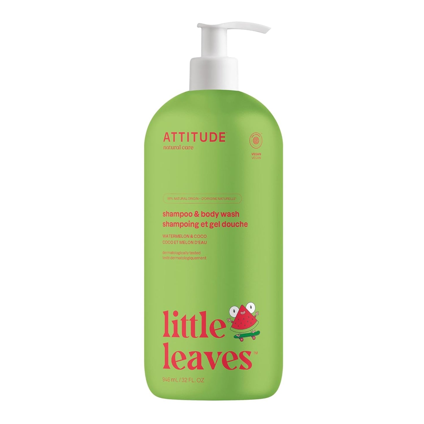 ATTITUDE Shampoo and Body Wash for Kids, EWG Verified Hair and Body Cleanser, Dermatologically Tested Soap, Plant and Mineral Based Bath Products, Vegan, Watermelon and Coco, 32 Fl Oz