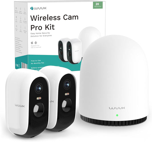 WUUK Indoor Outdoor Security Camera Wireless 2K, Homebase + 2 Cameras, No Monthly Fees, 32GB Storage, 2.4/5 GHz WiFi, 240 Days Battery Life, Night Vision, Compatible with Alexa & Google