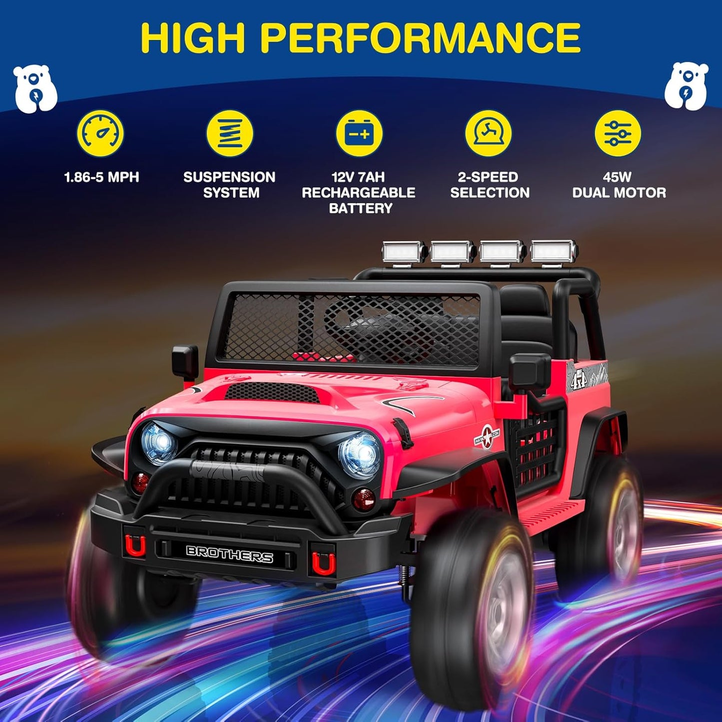 L8 2 Seater Ride On Car, 12V Kids Electric Car w/Remote Control, 4-Wheel Suspension, Bluetooth Speaker, Multi Music Modes, 3 Speeds, LED Lights, Xmas & Birthday Gift Ideas for Kids Ages 3+