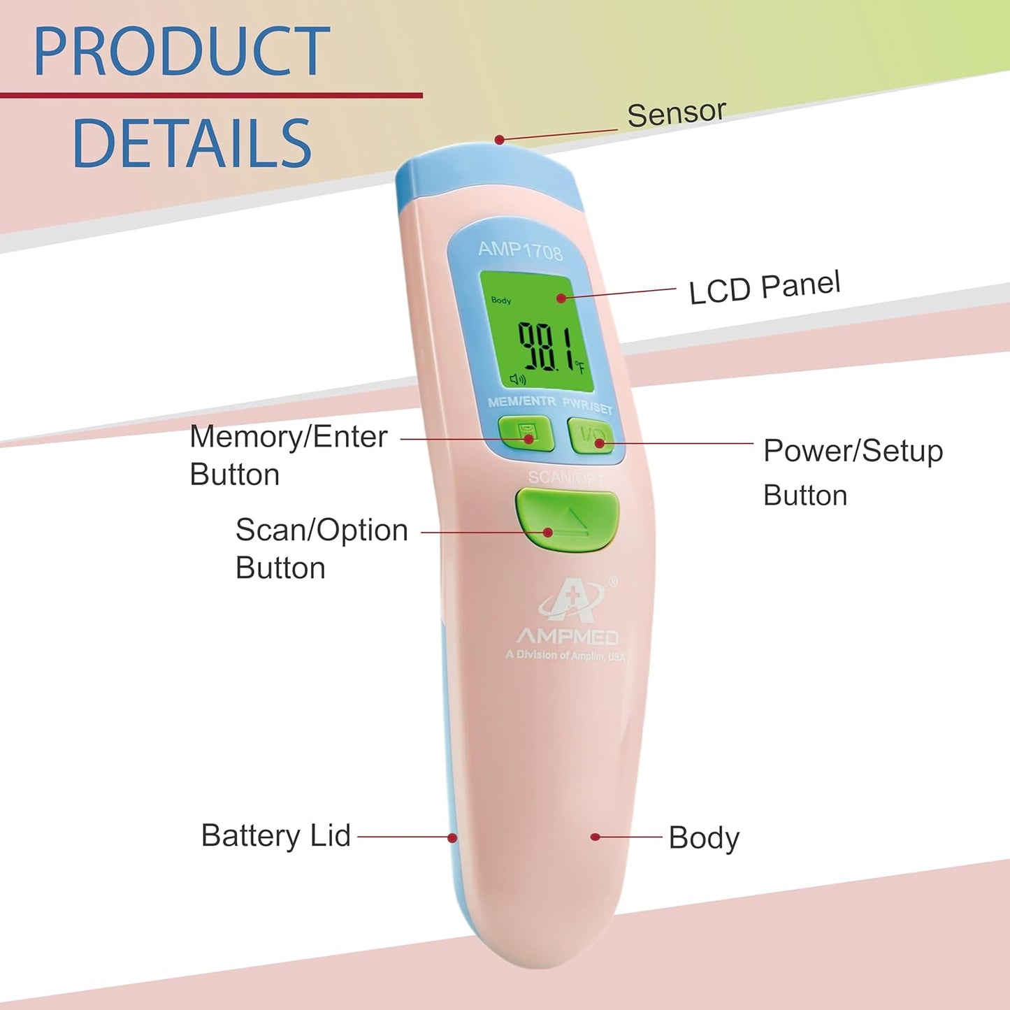 Amplim Non-Contact Forehead Thermometer for Adults, Kids & Infants | Ampmed No-Touch Medical Grade Temporal Fever Thermometer with Case, Nurse Accessories for Work, FDA-Cleared Pink Termometro Digital