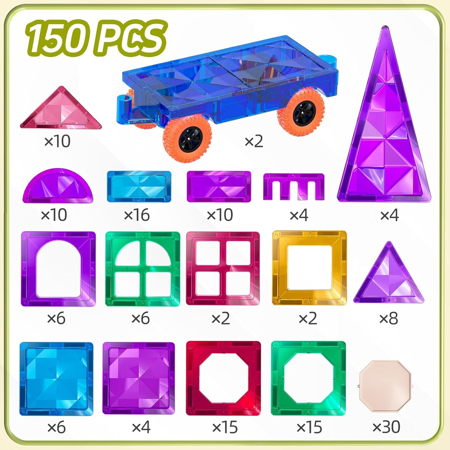 TEMI Magnetic Tiles,Building Blocks, Magnets Building Set, Learning and Education Toys Christmas Toy Gift for Ages 3 4 5 6 7 8+ Year Old Toddler Kids Boys and Girls (Magnetic Tiles-150pcs)