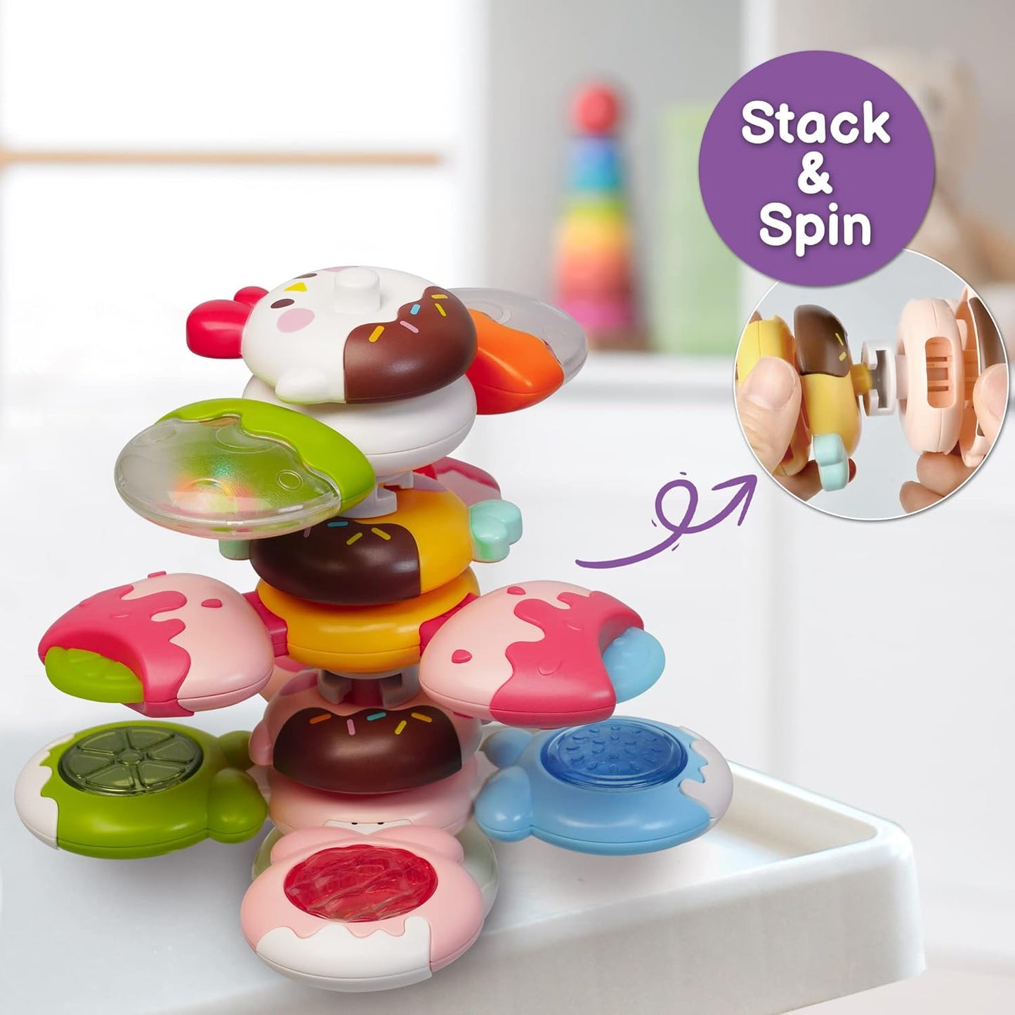 LiKee Strong Suction Cup Fidget Rotating Sensory Bath Toys for Baby 12 18 Months Airplane Car Travel Table & Window Toys for 1 2 Years Old Toddler Boys and Girls (Candy)