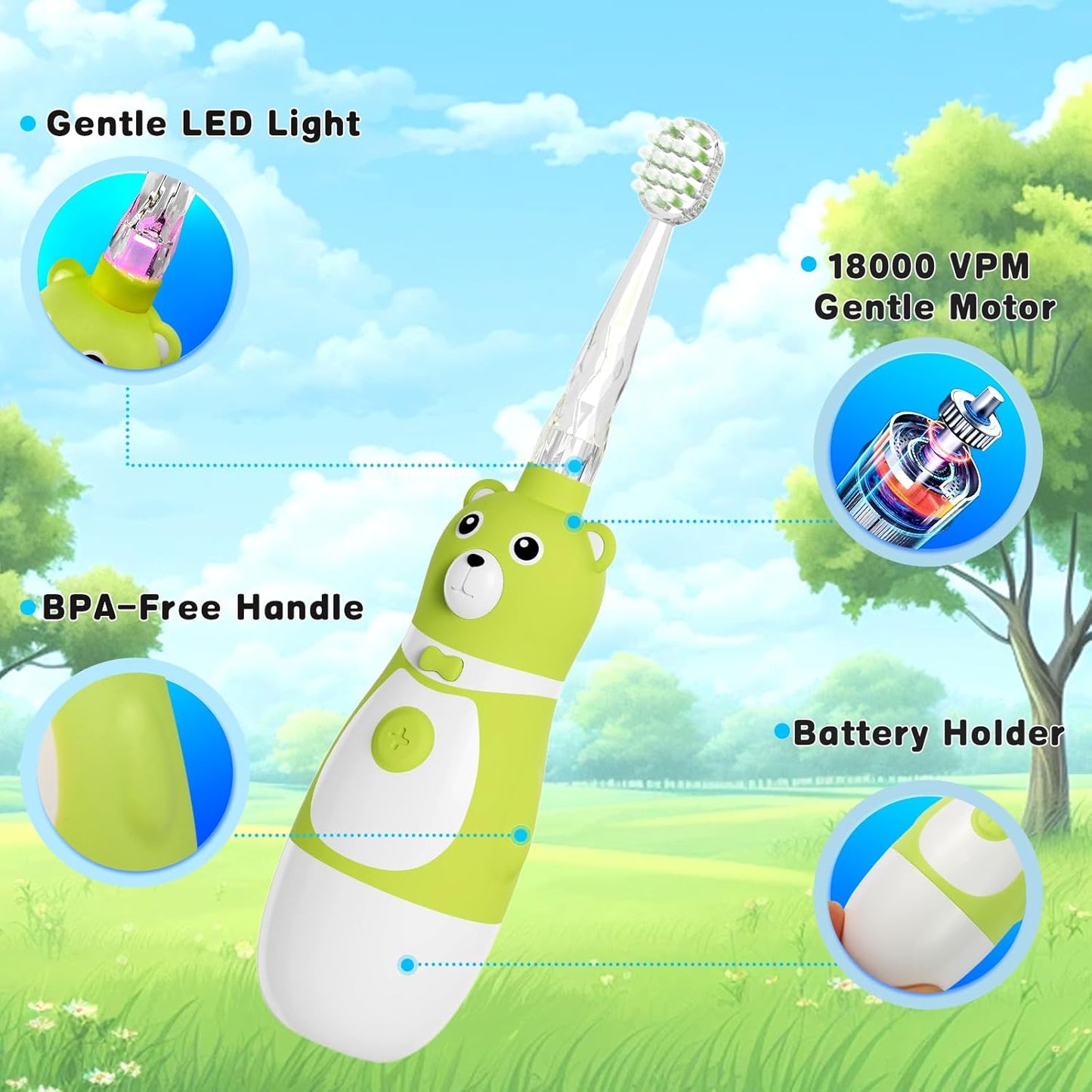 Kids Battery-Powered Electric Toothbrush for Toddler Ages 2-10, Extra Soft Bristles with 3 Cleaning Modes, 2-Min LED Timer IPX7 Waterproof Deep Clean