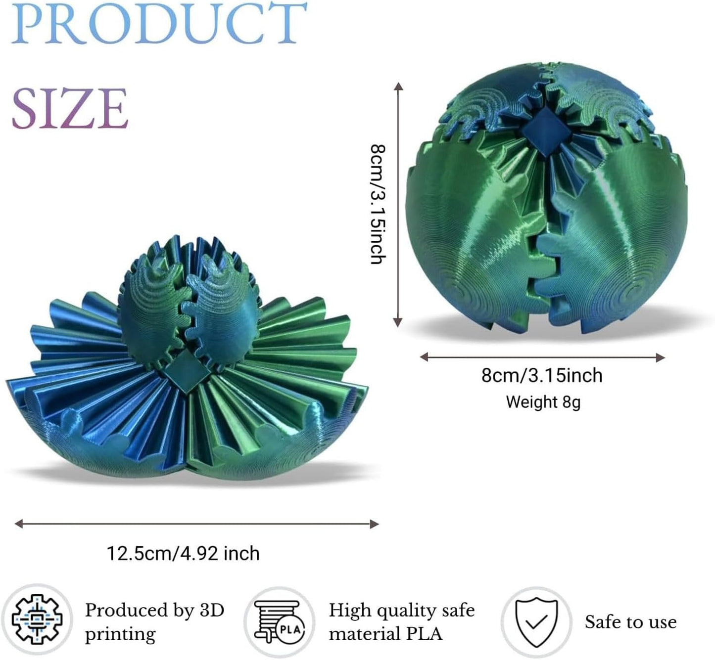 Gear Ball, Gear Sphere 3D Printed Gear Ball Fidget Toy Spin Ball, GearSphere Desk Toy, Stress Ball, Fidget Ball, Gear Toy for Stress and Anxiety Relaxing (Laser Blue Green)