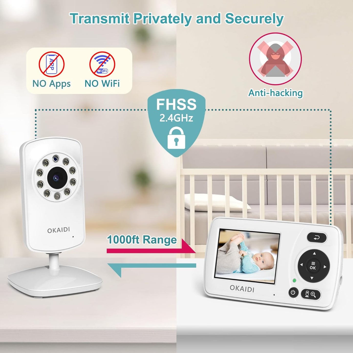 Video Baby Monitor with Camera and Audio, 2.4'' Portable Travel Baby Monitor No WiFi, Infrared Night Vision, VOX Mode, 1000ft Long Range, Ideal for Baby/Pet/Elderly