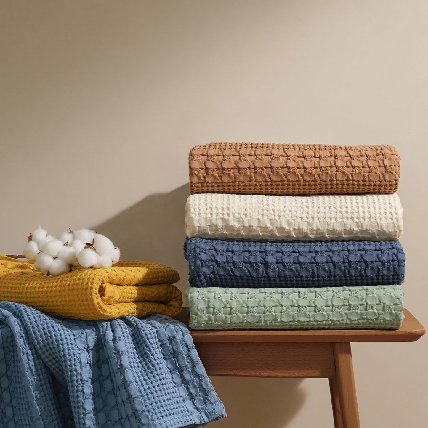 PHF 100% Cotton Waffle Weave Blanket Twin Size, Soft Lightweight Breathable Cozy Summer Blankets for Bed, Luxury Aesthetic Woven Bedding for Home Decor, 66"x90", Camel