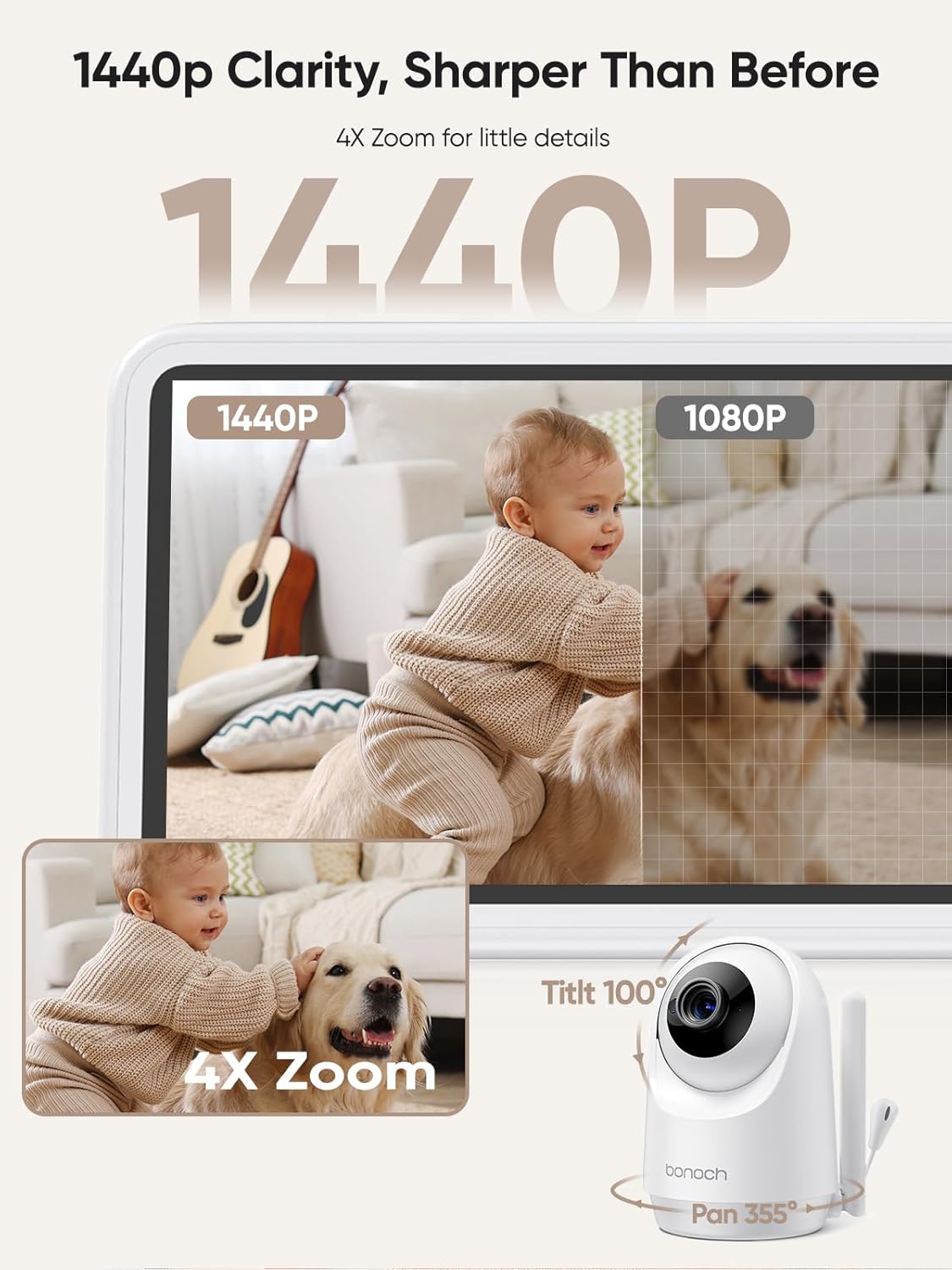 bonoch 5.5" 1440p Baby Monitor with Camera and Audio, No WiFi Baby Camera, 240h Lasting, Smart Detect Sleep Turn Over/Cry/Motion, 7800mAh, Hack Proof Video Monitor, Built-in Sound Machine White Noise
