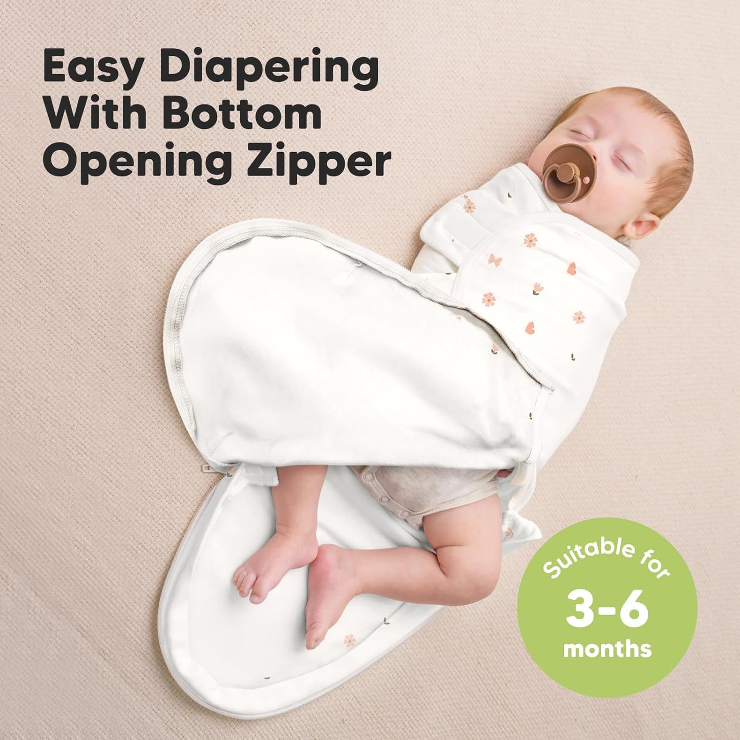 Baby Swaddle Sleep Sacks with Zipper - 3-Pack Swaddles for Newborns 3-6 Months, Infant, Baby Girls, Boys, Soft & Durable Newborn Sleep Sack, Easy Diaper Change Swaddling Blanket (Butterflies, L)