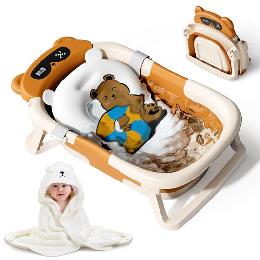 Collapsible Baby Bathtub with Soft Towel and Floating Cushion, Infant Bathtub for Newborn to Toddler (0-18 Month), Portable Baby Bath Tub for Travel (Brown Bear)