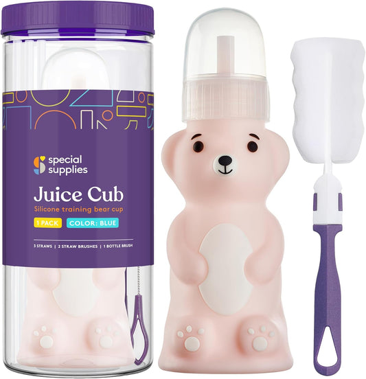 Special Supplies Honey Bear Straw Cup Long Straws, Squeezable Therapy and Special Needs Assistive Drink Container, Spill Proof and Leak Resistant Lid (Pack of 1 Bottle and 3 Straws) (Pink)