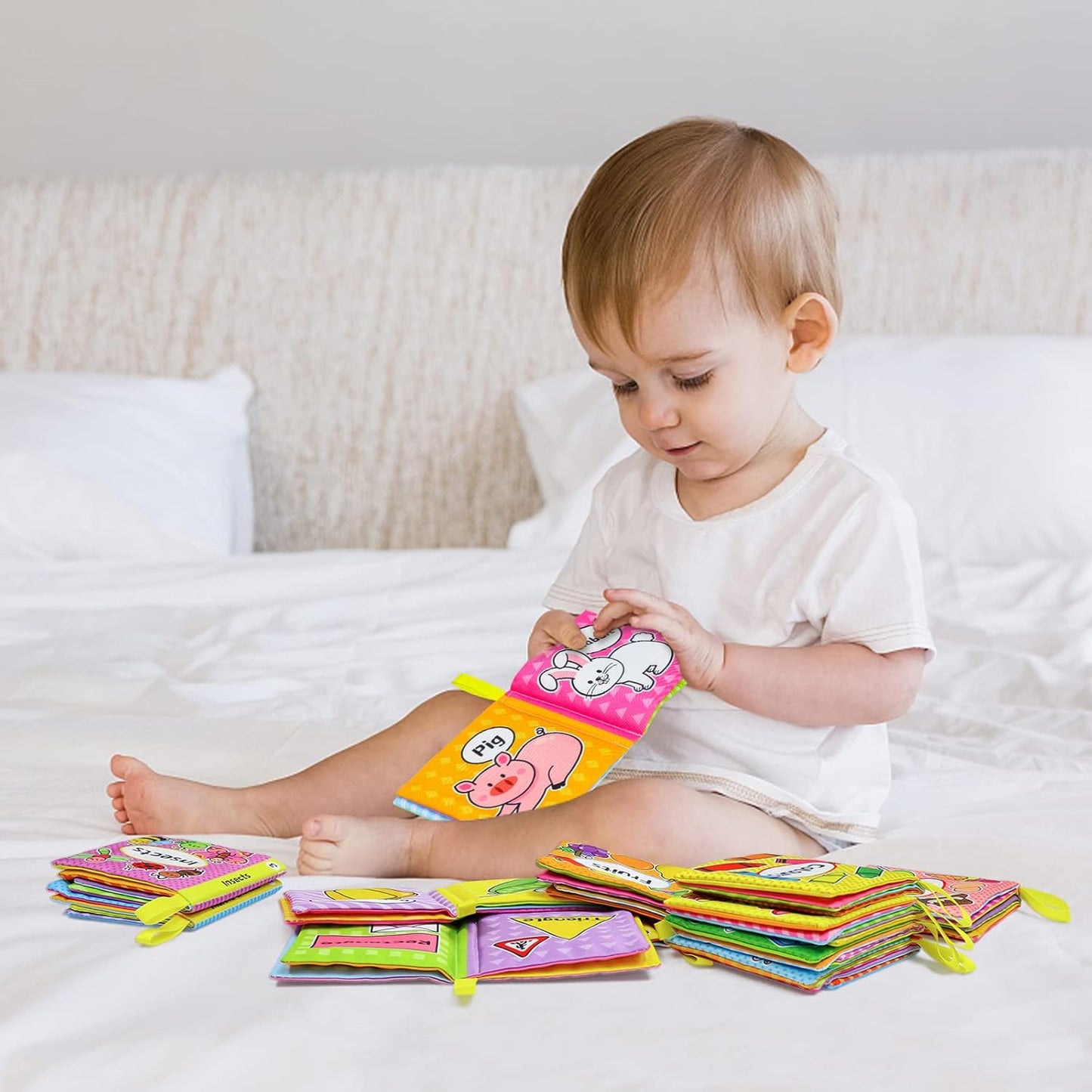 OKOOKO 12PCS Soft Baby Books, Soft Cloth Books, Bath Toys, Crinkle Washable Non-Toxic Early Education Preschool Learning Toy for Newborns Babies Infants Toddlers Kids