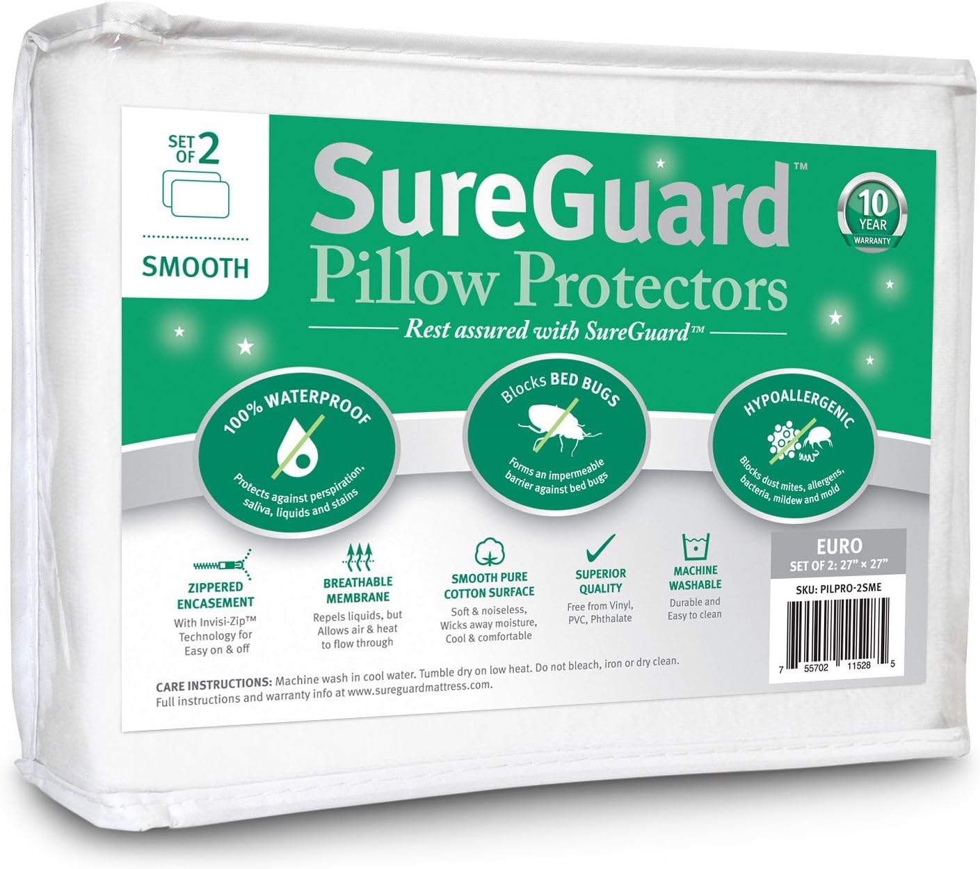 Set of 2 Euro Size SureGuard Pillow Protectors - 100% Waterproof, Bed Bug Proof, Hypoallergenic - Premium Zippered Cotton Covers - Smooth