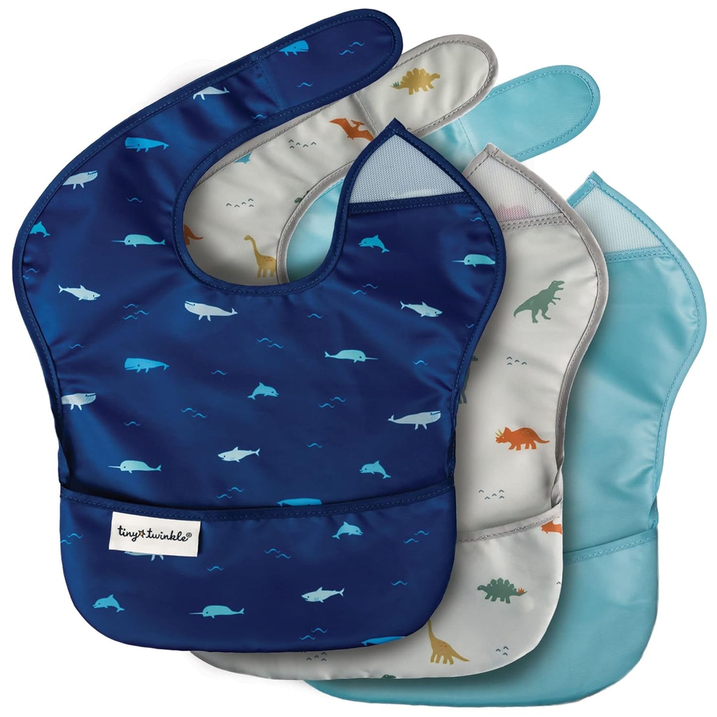 Tiny Twinkle Mess Proof Baby Bibs for Eating - Waterproof, Wipeable Bibs - Toddler Bibs - Travel Friendly - PFAS, PVC, BPA, Phthalate Free - Baby Food Bibs(3 Pack,Sea, Dino)