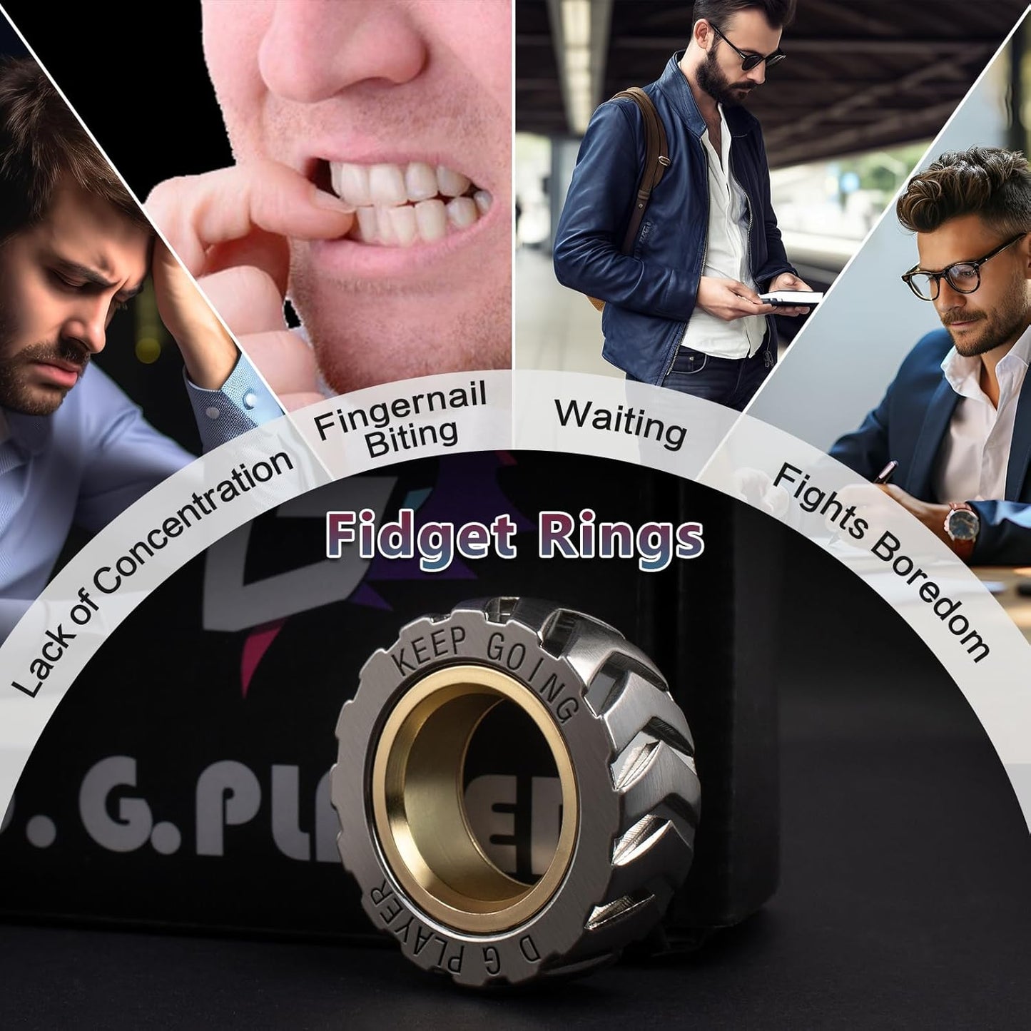 Metal Fidget Ring - Adjustable Spinner Ring Magnet Fidget Toys Adults, Office Desk Toys for Adults EDC Fidget Slider for Stress Relief & Anxiety (Tire)