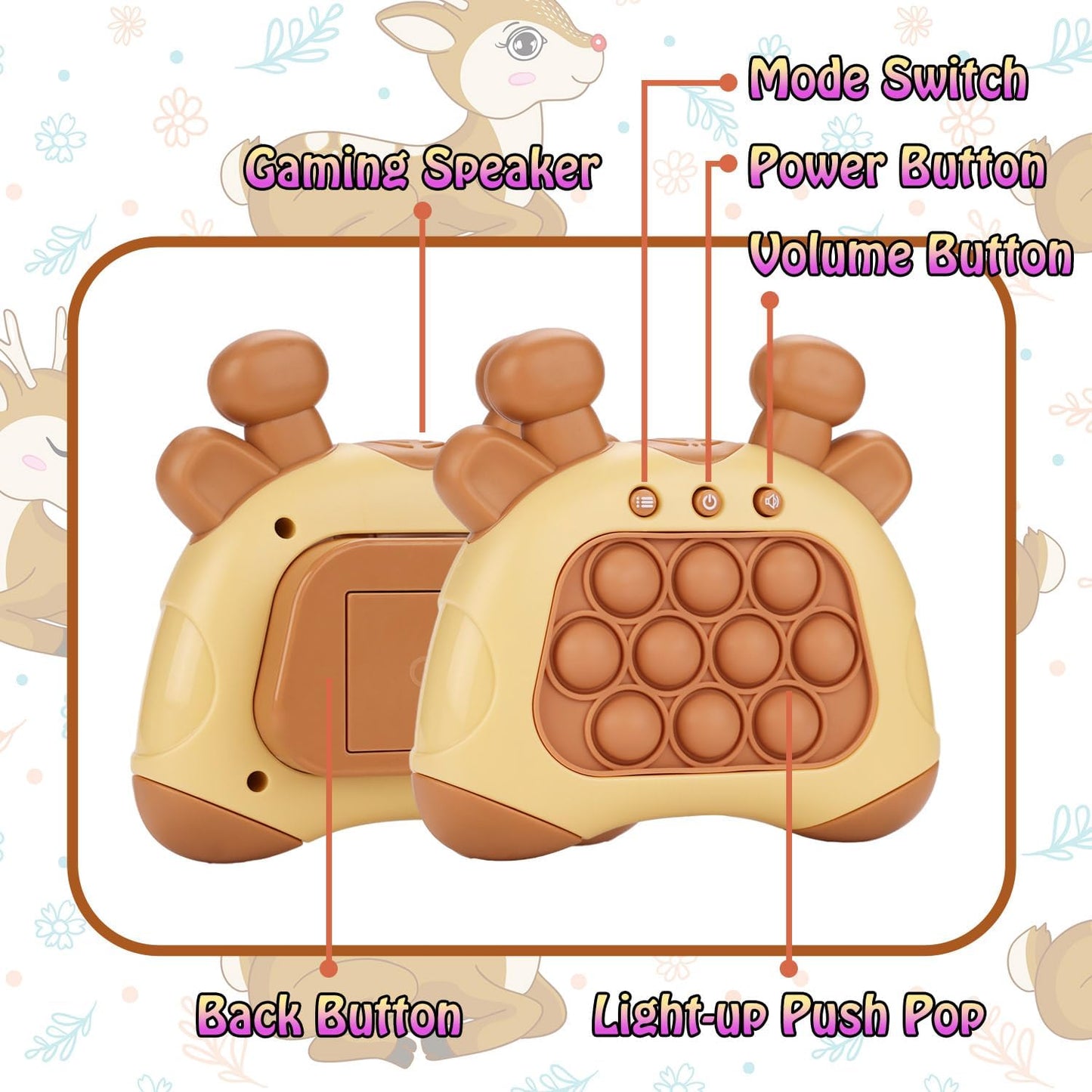 Fast Push Game, Deer Handheld Speed Push Bubble Game Console, Light up Pop Game Sensory Fidget Toys for Kids, Autism Sensory Toys, Birthday Easter Toy for Boys Girls Adults(Brown)