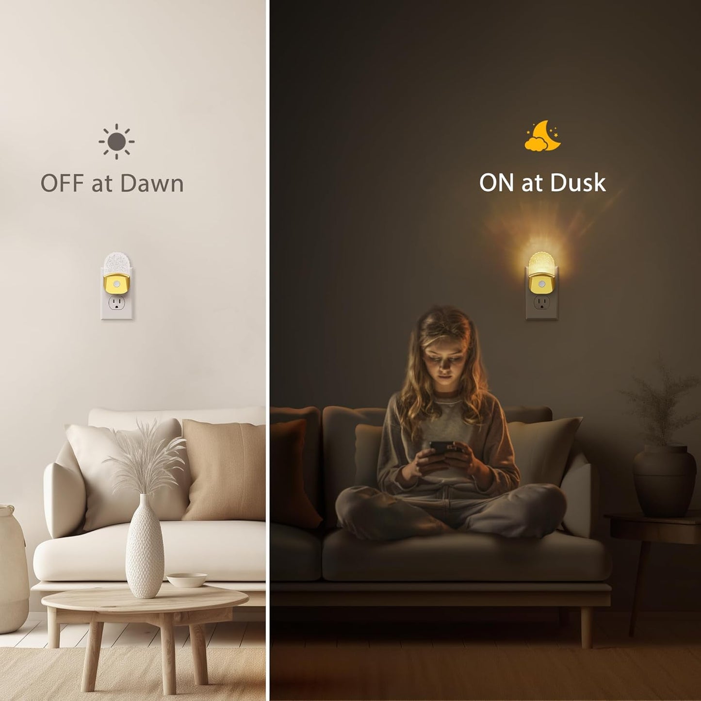 Night Lights Plug into Wall, 2 Pack, Night Light Color Changing, LED Acrylic 8 Colors RGB, Gold Cover Nightlight for Kids,Bathroom, Dusk to Dawn Sensor, Warm White 3000K for Bedroom, Hallway