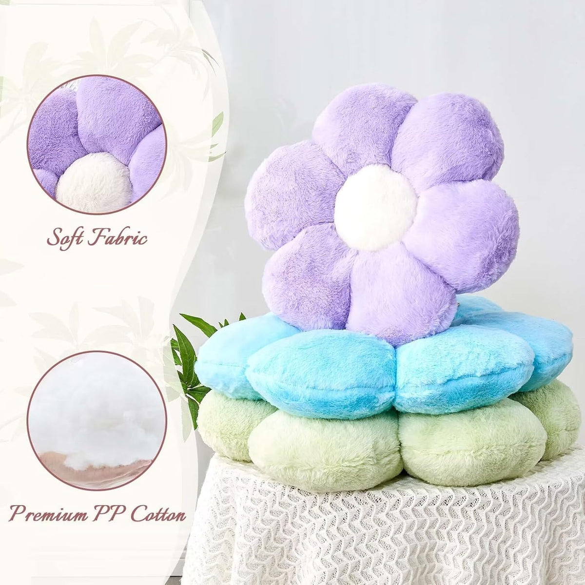 Green Flower Shaped Throw Pillow with Faux Rabbit Fur, 14.9" Soft Plush Throw Pillow for Bedroom Living Room