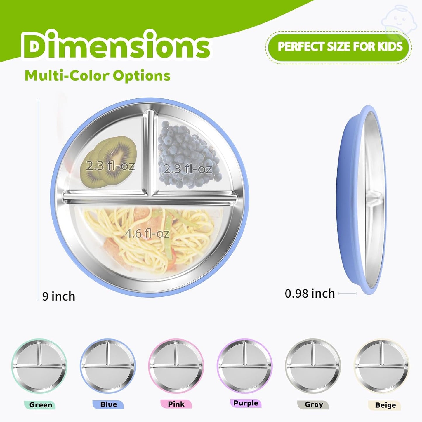 3-Pack Stainless Steel Baby Plates with Suction, BPA-Free Stainless Steel Kids Plates, 9” Divided Toddler Plate for Dishwasher Safe, Non-Slip Silicone Base, Detachable Design (Blue, Gray, Green)