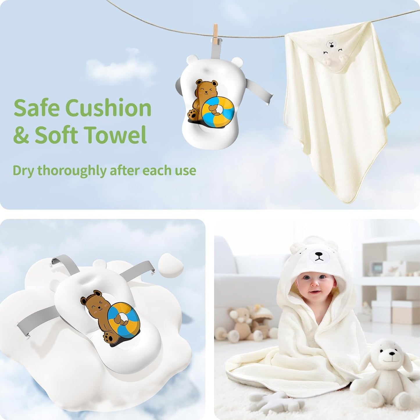 Collapsible Baby Bathtub for Newborn to Toddler (0-18 Month) - Portable Baby Bath Tub for Travel, Newborn Bathtub with Soft Towel and Floating Cushion (Green)