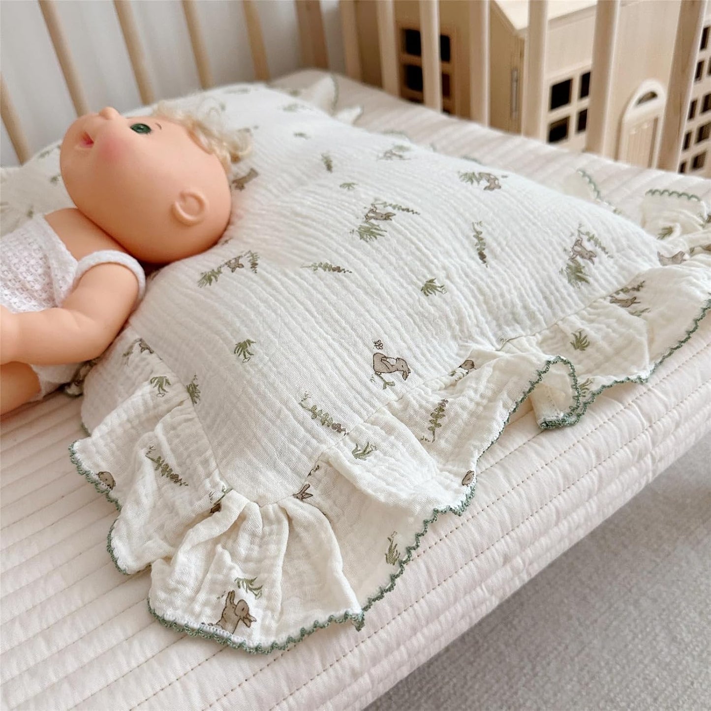 BuLuTu Muslin Toddler Pillowcase for Crib Cot Cradle, Soft Thin Kids Pillow Cover for Girls Boys, Children Pillow Cover for Sleeping with Cute Rabbit Print,14"x20", Envelope Closure