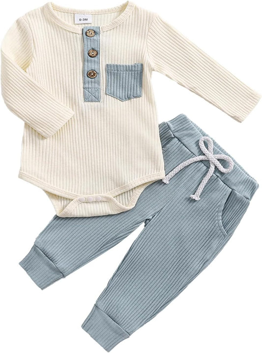 fhutpw Baby Boy Clothes 3 6 12 18 Months Ribbed Knitted Long Sleeve Romper and Pants Sets Newborn Fall Splicing Color Outfits